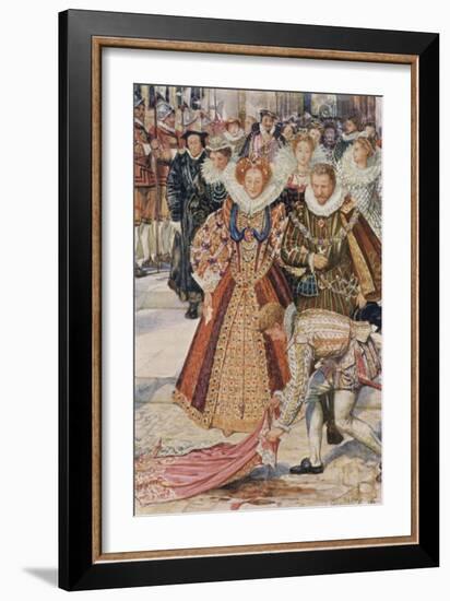In an Instant Walter Had Thrown His Cloak Off His Shoulders, and Had Laid it on the Muddy Spot-Henry Justice Ford-Framed Giclee Print