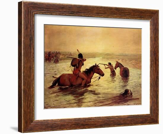 In Retreat across a Stream-Charles Shreyvogel-Framed Art Print