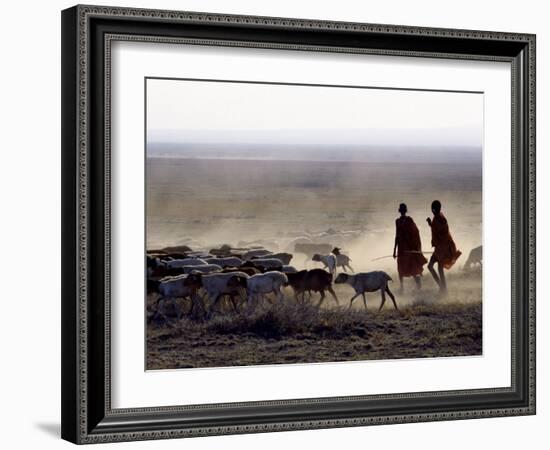 In the Early Morning, a Maasai Herdsboy and His Sister Drive their Flock of Sheep across the Dusty -Nigel Pavitt-Framed Photographic Print