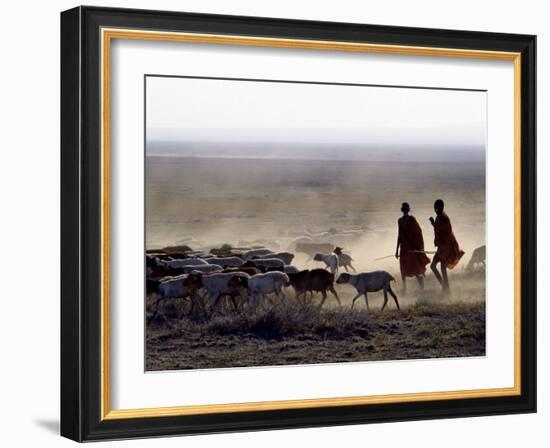 In the Early Morning, a Maasai Herdsboy and His Sister Drive their Flock of Sheep across the Dusty -Nigel Pavitt-Framed Photographic Print