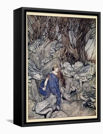 In the Forked Glen into Which He Slipped at Night-Fall He Was Surrounded by Giant Toads-Arthur Rackham-Framed Premier Image Canvas