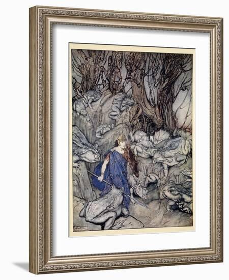 In the Forked Glen into Which He Slipped at Night-Fall He Was Surrounded by Giant Toads-Arthur Rackham-Framed Giclee Print