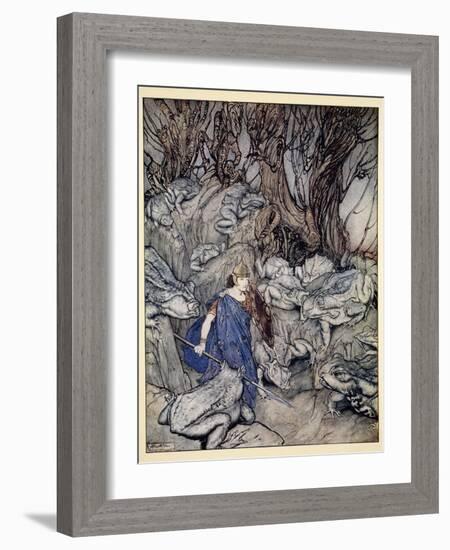 In the Forked Glen into Which He Slipped at Night-Fall He Was Surrounded by Giant Toads-Arthur Rackham-Framed Giclee Print