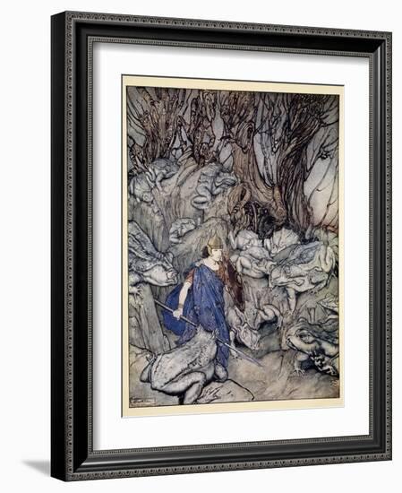 In the Forked Glen into Which He Slipped at Night-Fall He Was Surrounded by Giant Toads-Arthur Rackham-Framed Giclee Print