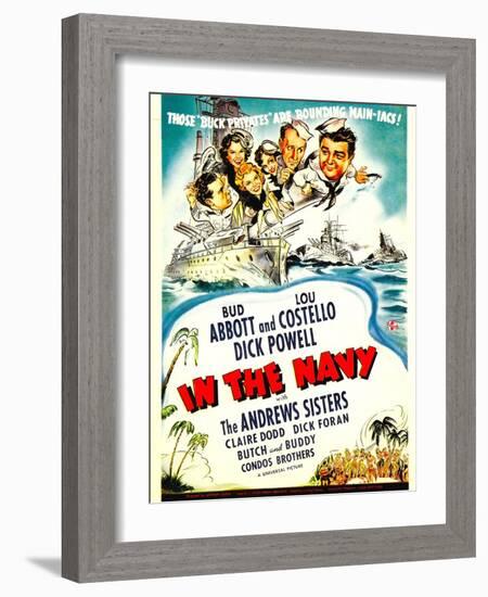 In the Navy, Dick Powell, the Andrews Sisters, Bud Abbott, Lou Costello on Midget Window Card, 1941-null-Framed Art Print