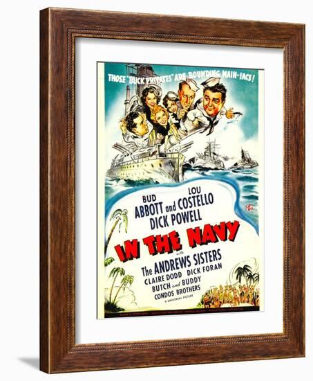 In the Navy, Dick Powell, the Andrews Sisters, Bud Abbott, Lou Costello on Midget Window Card, 1941-null-Framed Art Print