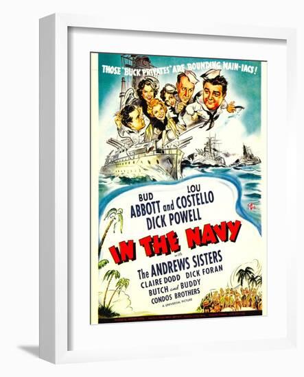 In the Navy, Dick Powell, the Andrews Sisters, Bud Abbott, Lou Costello on Midget Window Card, 1941-null-Framed Art Print