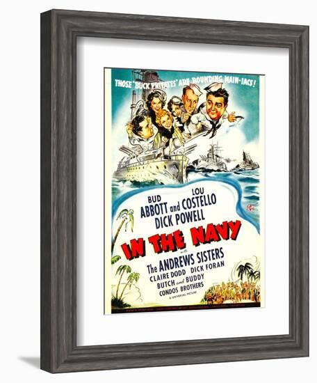 In the Navy, Dick Powell, the Andrews Sisters, Bud Abbott, Lou Costello on Midget Window Card, 1941-null-Framed Art Print