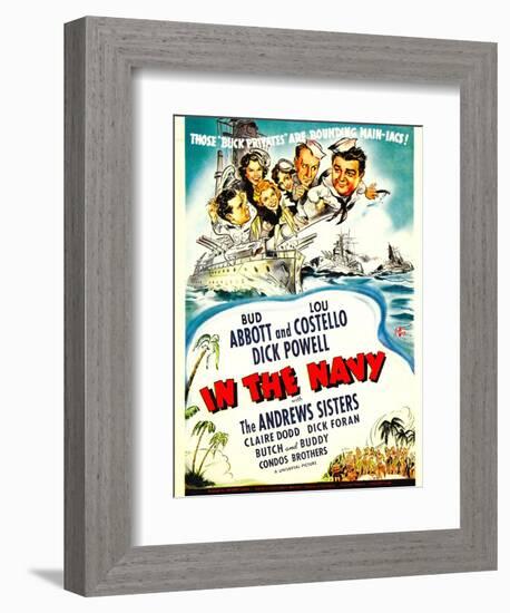 In the Navy, Dick Powell, the Andrews Sisters, Bud Abbott, Lou Costello on Midget Window Card, 1941-null-Framed Art Print