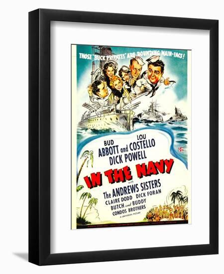 In the Navy, Dick Powell, the Andrews Sisters, Bud Abbott, Lou Costello on Midget Window Card, 1941-null-Framed Art Print