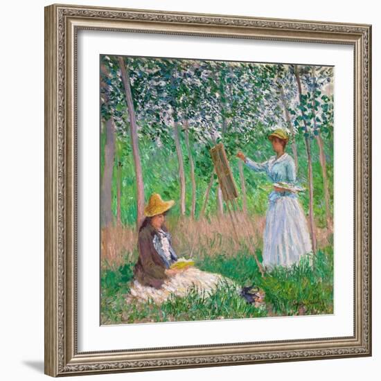 In the Woods at Giverny: Blanche Hoschedé at Her Easel with Suzanne Hoschedé Reading, 1887-Claude Monet-Framed Giclee Print