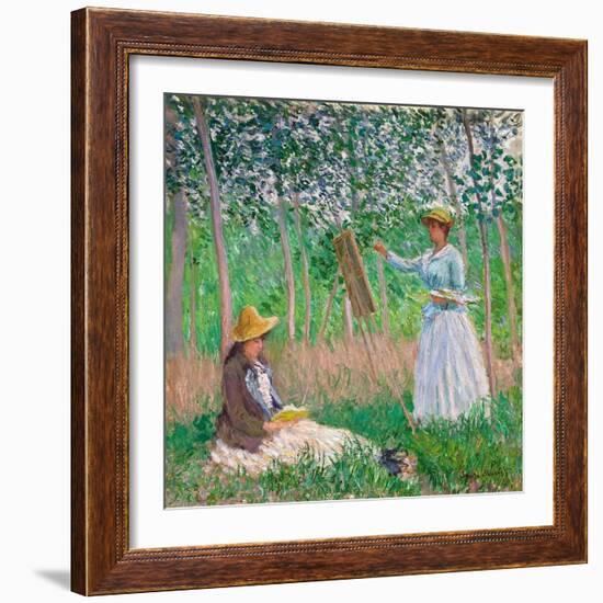 In the Woods at Giverny: Blanche Hoschedé at Her Easel with Suzanne Hoschedé Reading, 1887-Claude Monet-Framed Giclee Print