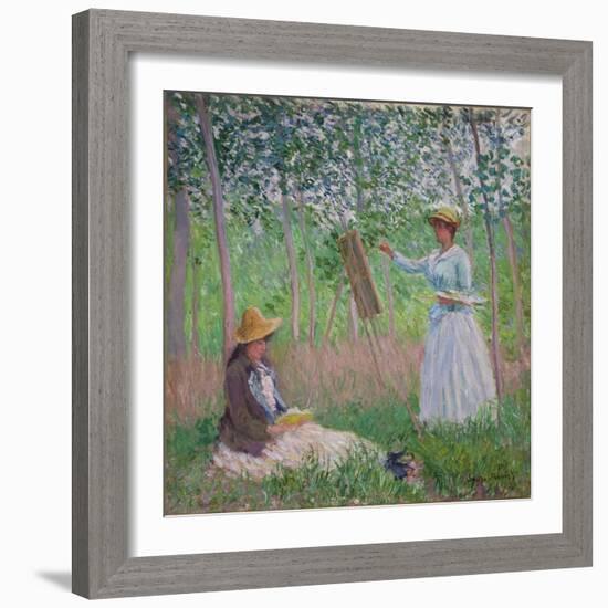 In the Woods at Giverny: Blanche Hoschede at Her Easel with Suzanne Hoschede Reading, 1887-Claude Monet-Framed Giclee Print