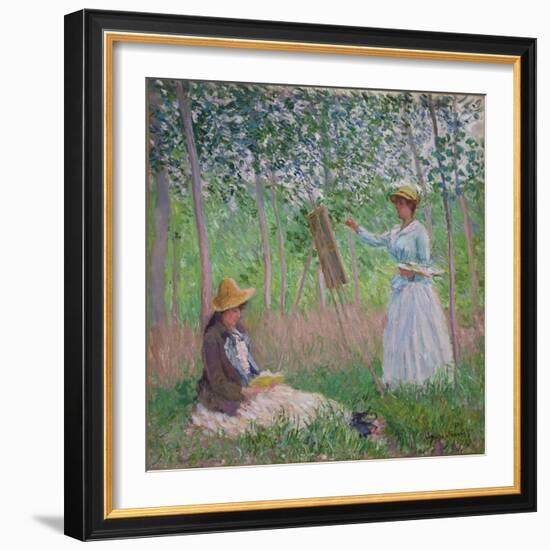 In the Woods at Giverny: Blanche Hoschede at Her Easel with Suzanne Hoschede Reading, 1887-Claude Monet-Framed Giclee Print