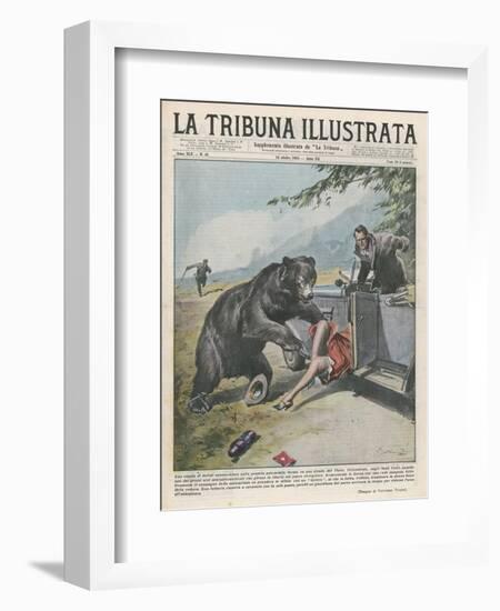 In Yellowstone a Bear Pats a Woman in a Car-Vittorio Pisani-Framed Art Print