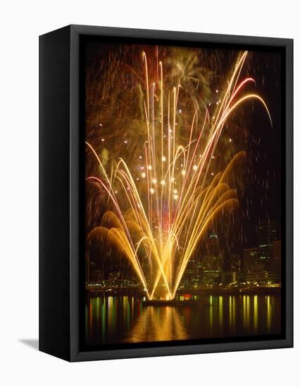 Independence Day Fireworks Launched off Barge in the Middle of the Willamette River, Portland-Steve Terrill-Framed Premier Image Canvas