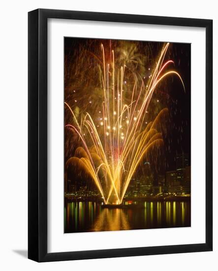 Independence Day Fireworks Launched off Barge in the Middle of the Willamette River, Portland-Steve Terrill-Framed Photographic Print