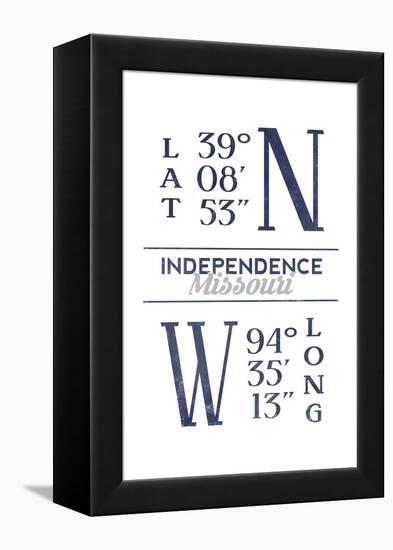 Independence, Missouri - Latitude and Longitude (Blue)-Lantern Press-Framed Stretched Canvas