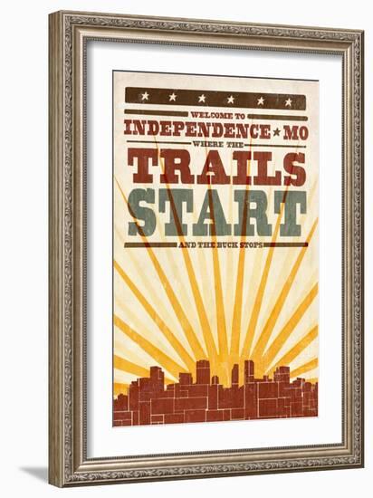 Independence, Missouri - Skyline and Sunburst Screenprint Style-Lantern Press-Framed Art Print