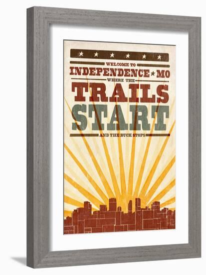 Independence, Missouri - Skyline and Sunburst Screenprint Style-Lantern Press-Framed Art Print