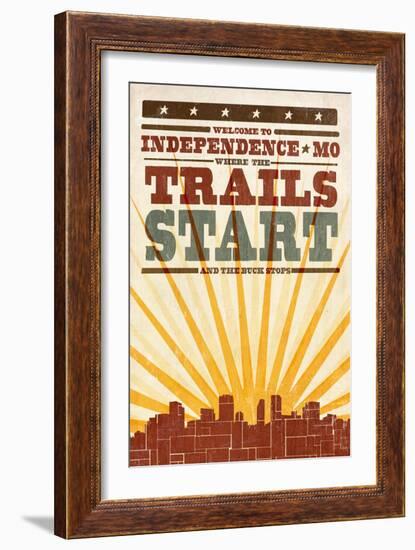 Independence, Missouri - Skyline and Sunburst Screenprint Style-Lantern Press-Framed Art Print