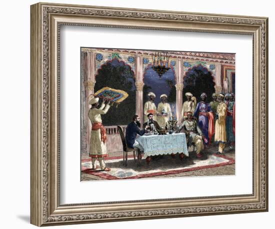 India. British Colonial Era. Banquet at the Palace of Rais in Mynere. Engraving by Hildibrand.…-null-Framed Giclee Print