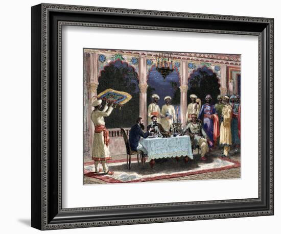 India. British Colonial Era. Banquet at the Palace of Rais in Mynere. Engraving by Hildibrand.…-null-Framed Giclee Print