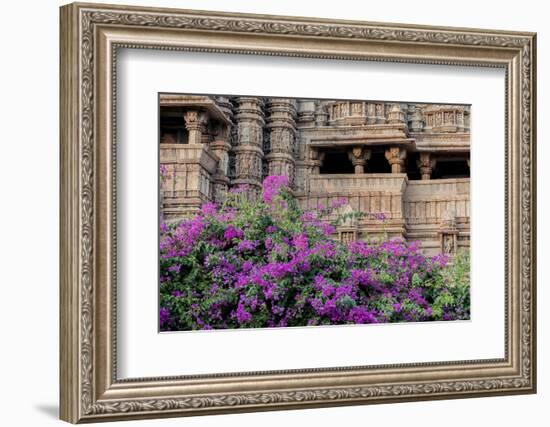 India, Madhya Pradesh State Temple of Kandariya with Bushes of Bougainvillea Flowers in Foreground-Ellen Clark-Framed Photographic Print