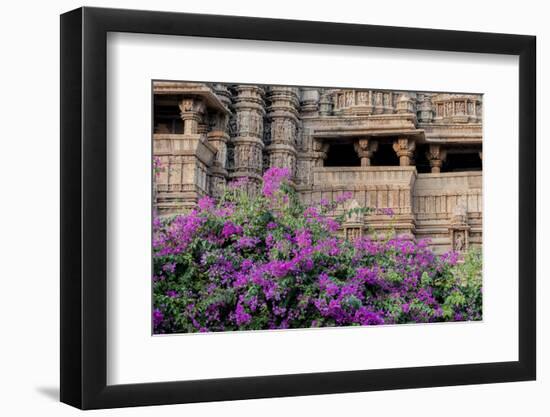 India, Madhya Pradesh State Temple of Kandariya with Bushes of Bougainvillea Flowers in Foreground-Ellen Clark-Framed Photographic Print