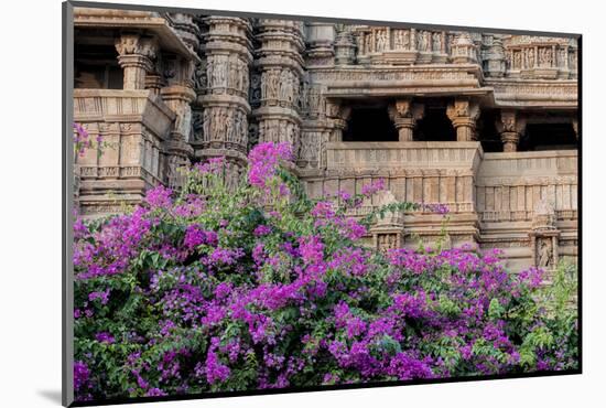 India, Madhya Pradesh State Temple of Kandariya with Bushes of Bougainvillea Flowers in Foreground-Ellen Clark-Mounted Photographic Print