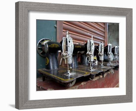 India, Mysore; Recently-Repaired Sewing Machines Outside a Sewing-Machine Repair Shop in Mysore-Niels Van Gijn-Framed Photographic Print