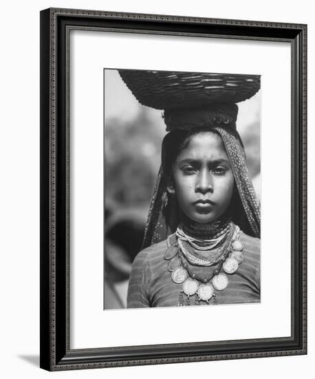 India Native Wearing Traditional Clothing, Carrying Basket on Her Head-Margaret Bourke-White-Framed Premium Photographic Print