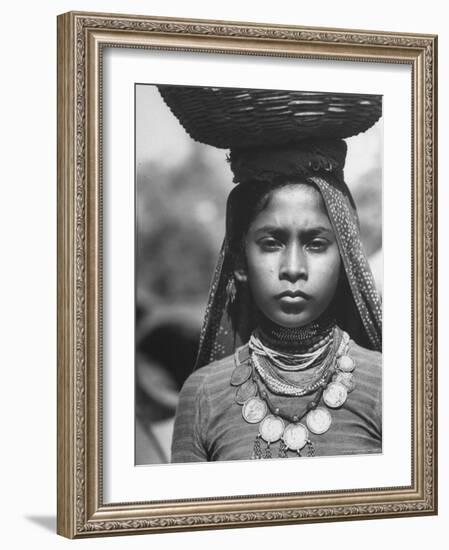 India Native Wearing Traditional Clothing, Carrying Basket on Her Head-Margaret Bourke-White-Framed Photographic Print