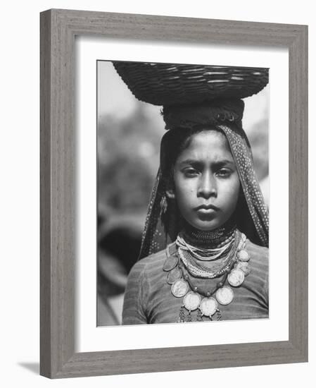 India Native Wearing Traditional Clothing, Carrying Basket on Her Head-Margaret Bourke-White-Framed Photographic Print