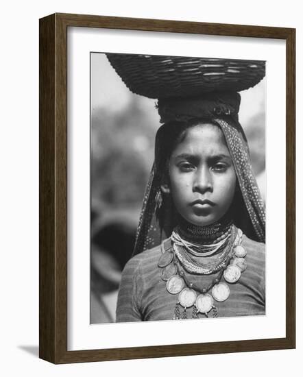 India Native Wearing Traditional Clothing, Carrying Basket on Her Head-Margaret Bourke-White-Framed Photographic Print