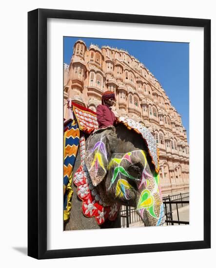 India, Rajasthan, Jaipur, Ceremonial Decorated Elephant Outside the Hawa Mahal, Palace of the Winds-Gavin Hellier-Framed Photographic Print