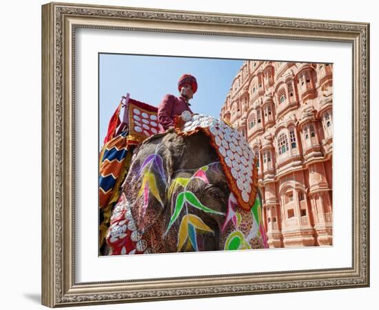 India, Rajasthan, Jaipur, Ceremonial Decorated Elephant Outside the Hawa Mahal, Palace of the Winds-Gavin Hellier-Framed Photographic Print