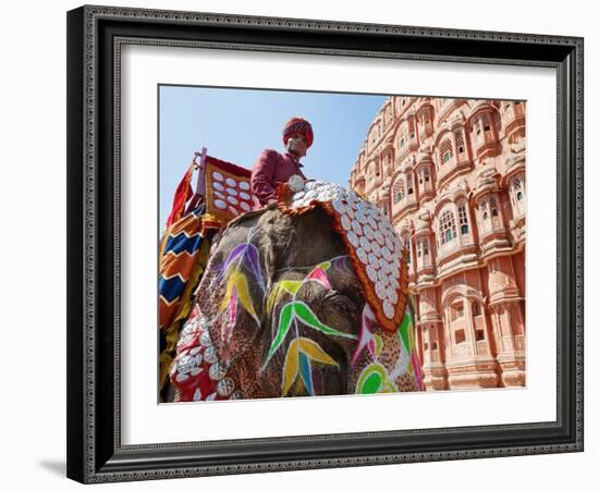 India, Rajasthan, Jaipur, Ceremonial Decorated Elephant Outside the Hawa Mahal, Palace of the Winds-Gavin Hellier-Framed Photographic Print