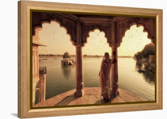 India, Rajasthan, Jaisalmer, Gadi Sagar Lake, Indian Woman Wearing Traditional Saree Outfit-Michele Falzone-Framed Premier Image Canvas
