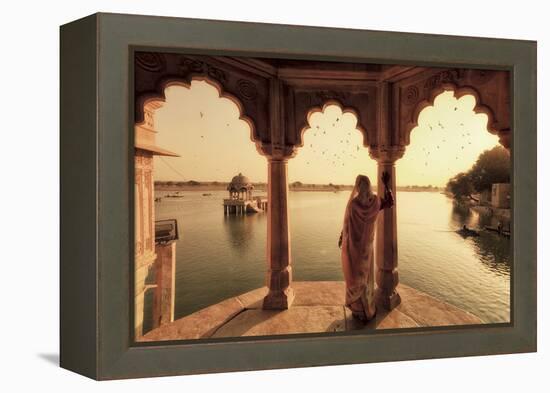 India, Rajasthan, Jaisalmer, Gadi Sagar Lake, Indian Woman Wearing Traditional Saree Outfit-Michele Falzone-Framed Premier Image Canvas