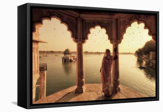 India, Rajasthan, Jaisalmer, Gadi Sagar Lake, Indian Woman Wearing Traditional Saree Outfit-Michele Falzone-Framed Premier Image Canvas