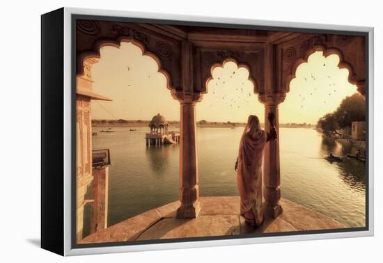 India, Rajasthan, Jaisalmer, Gadi Sagar Lake, Indian Woman Wearing Traditional Saree Outfit-Michele Falzone-Framed Premier Image Canvas