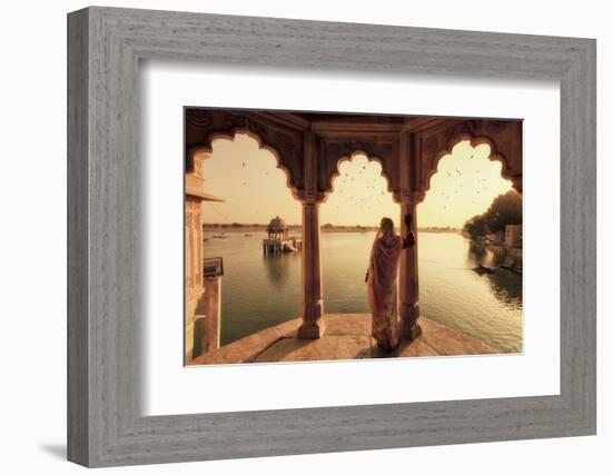 India, Rajasthan, Jaisalmer, Gadi Sagar Lake, Indian Woman Wearing Traditional Saree Outfit-Michele Falzone-Framed Photographic Print