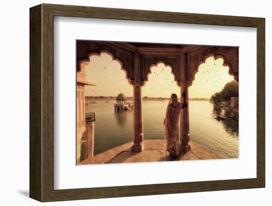 India, Rajasthan, Jaisalmer, Gadi Sagar Lake, Indian Woman Wearing Traditional Saree Outfit-Michele Falzone-Framed Photographic Print