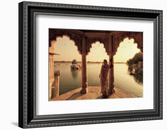 India, Rajasthan, Jaisalmer, Gadi Sagar Lake, Indian Woman Wearing Traditional Saree Outfit-Michele Falzone-Framed Photographic Print