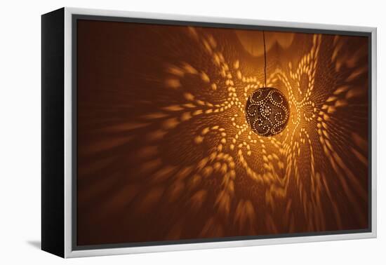 India, Rajasthan, Jaisalmer. Pierced Lamp and Shadows Against Wall-Alida Latham-Framed Premier Image Canvas