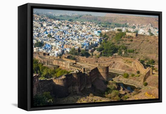 India, Rajasthan, Jodhpur. Mehrangarh Fort, view from tower of old city wall and houses beyond pain-Alison Jones-Framed Premier Image Canvas