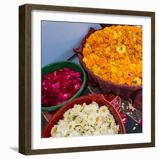 India, Rajasthan, Pipar. vendor making necklaces of marigolds and roses-Alison Jones-Framed Photographic Print