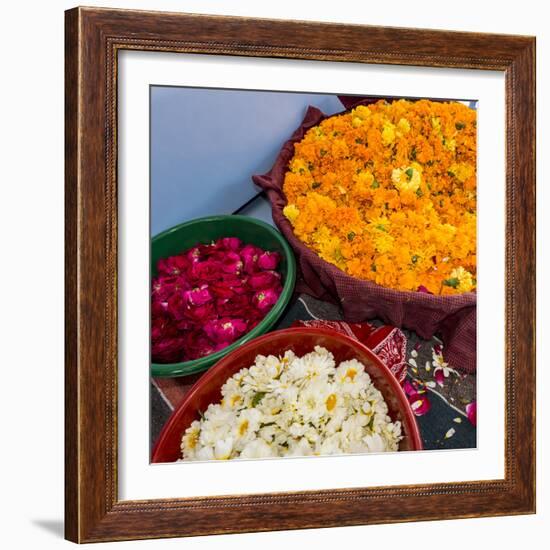 India, Rajasthan, Pipar. vendor making necklaces of marigolds and roses-Alison Jones-Framed Photographic Print