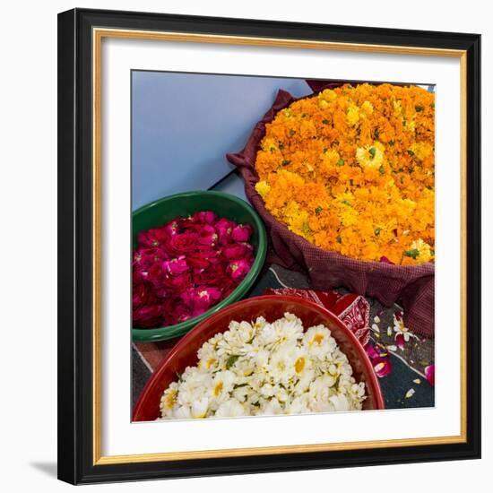 India, Rajasthan, Pipar. vendor making necklaces of marigolds and roses-Alison Jones-Framed Photographic Print